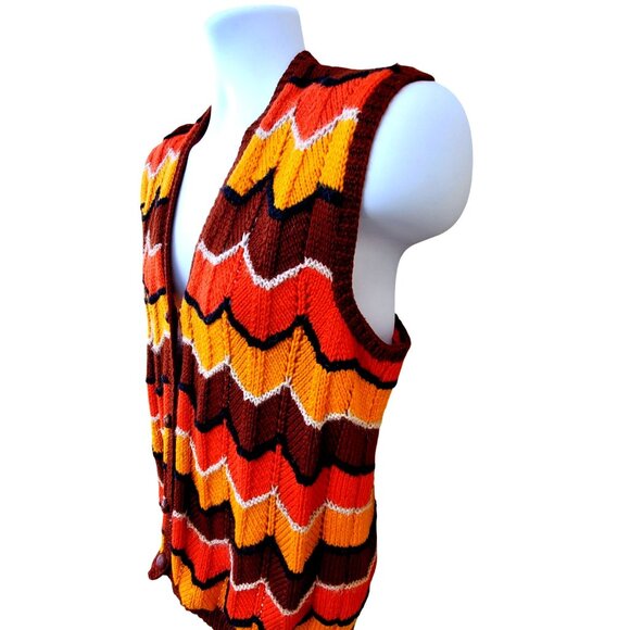 Vintage 70s Hand Knit Vest Retro Orange Chevron Sleeveless Sweater Hippie Boho M - Picture 3 of 11